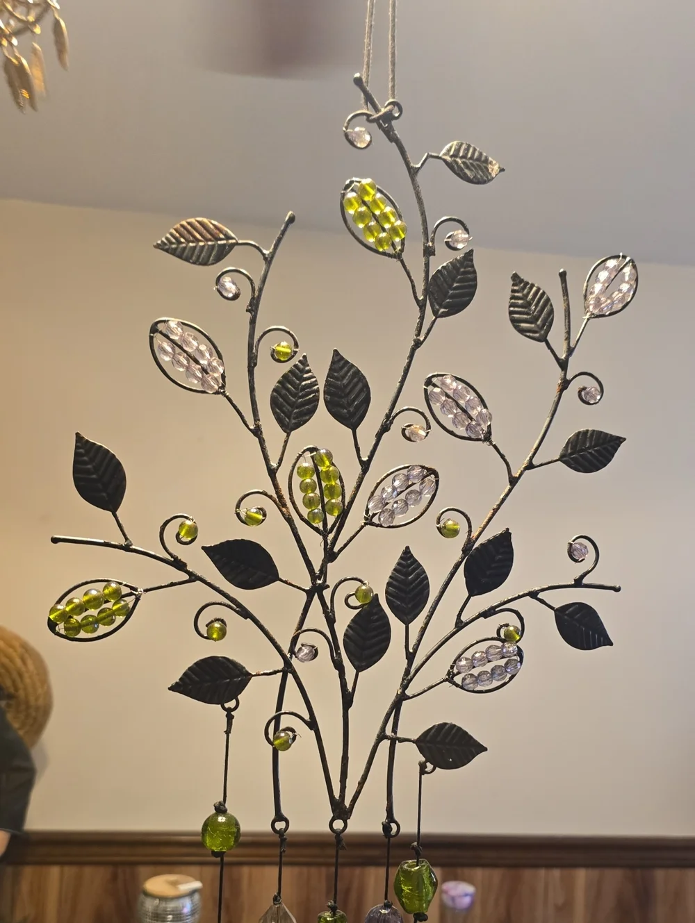 Hanging Metal Leaf Wind Chime with Green and Clear Beads
